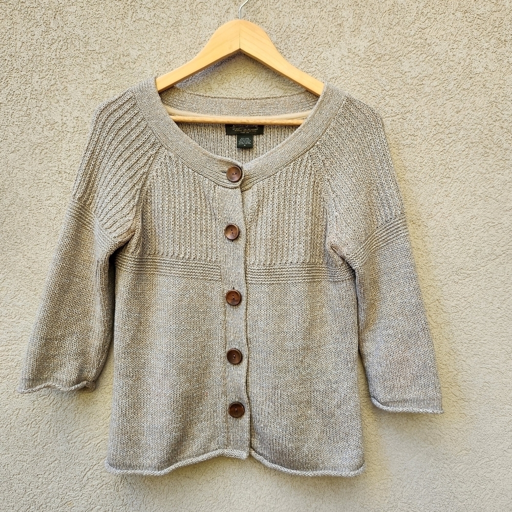 Eddie Bauer Cardigan Women's Medium Beige 3/4 Sleeve Linen Cotton Blend Sweater